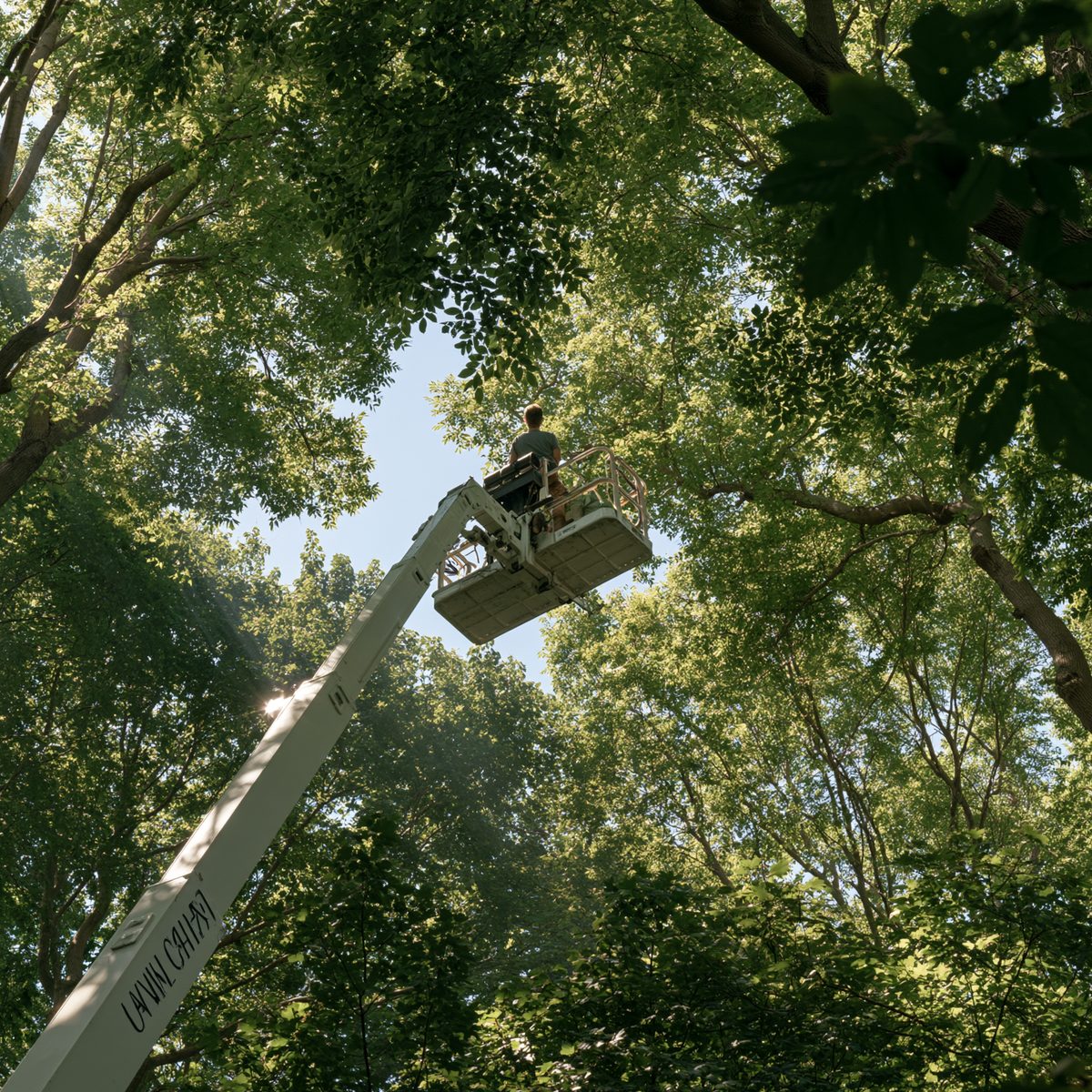 Looking up into a summer canopy, an arborist working from a raised platform.