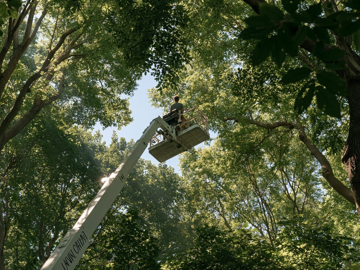 Looking up into a summer canopy, an arborist working from a raised platform.