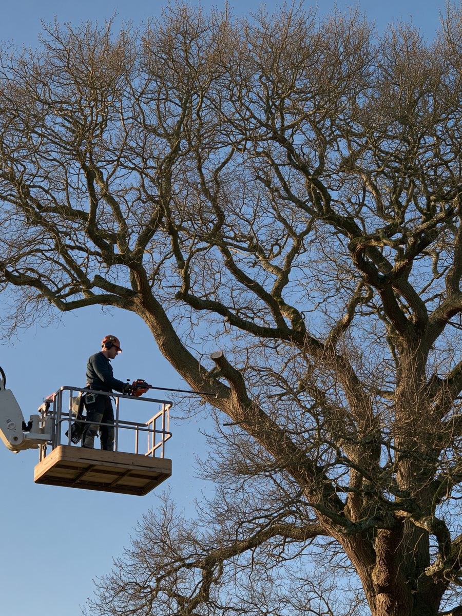 A bare tree crown against a deep blue winter sky, the platform working in it.