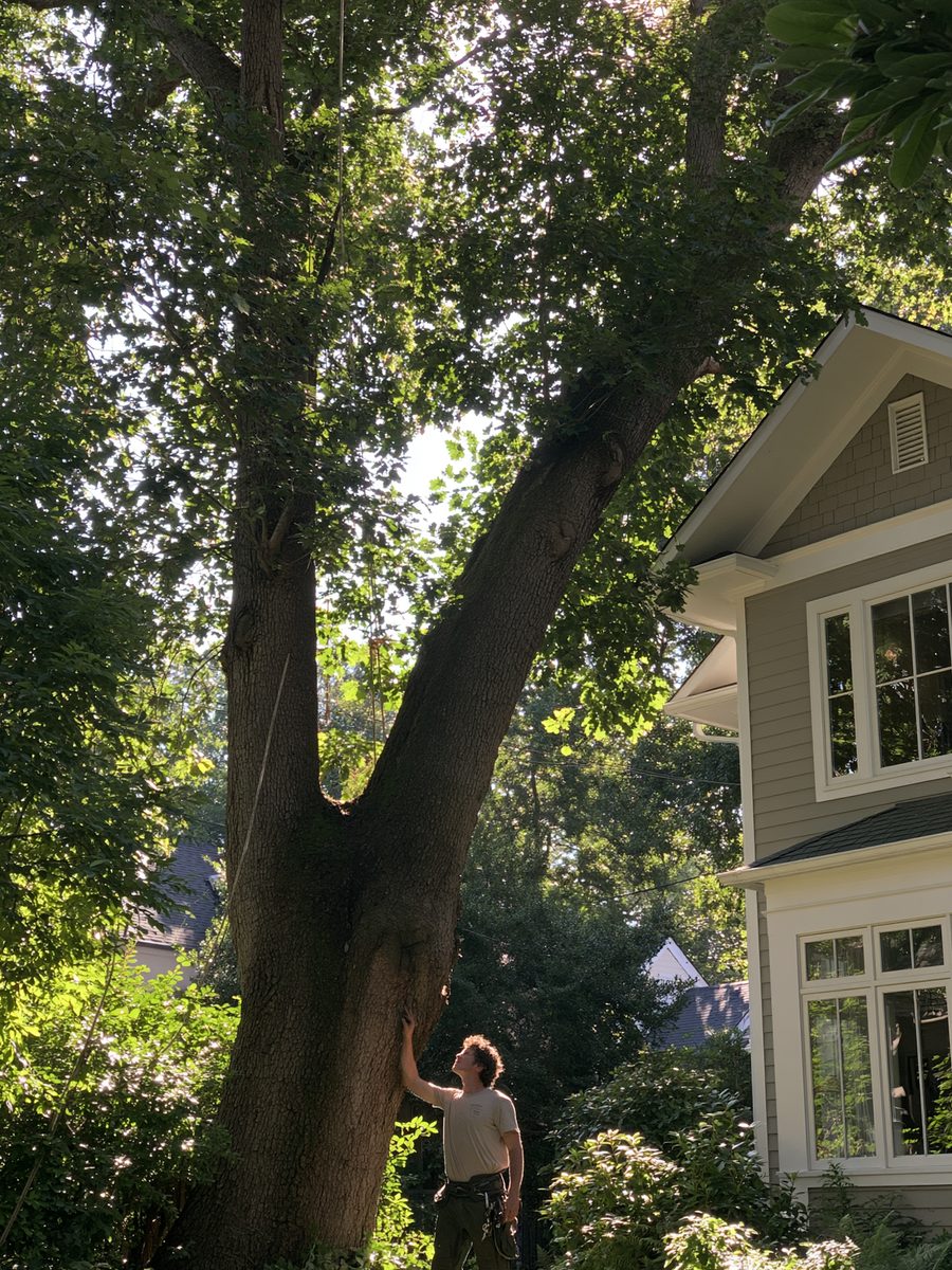 A tall tree growing tight against the corner of a house.