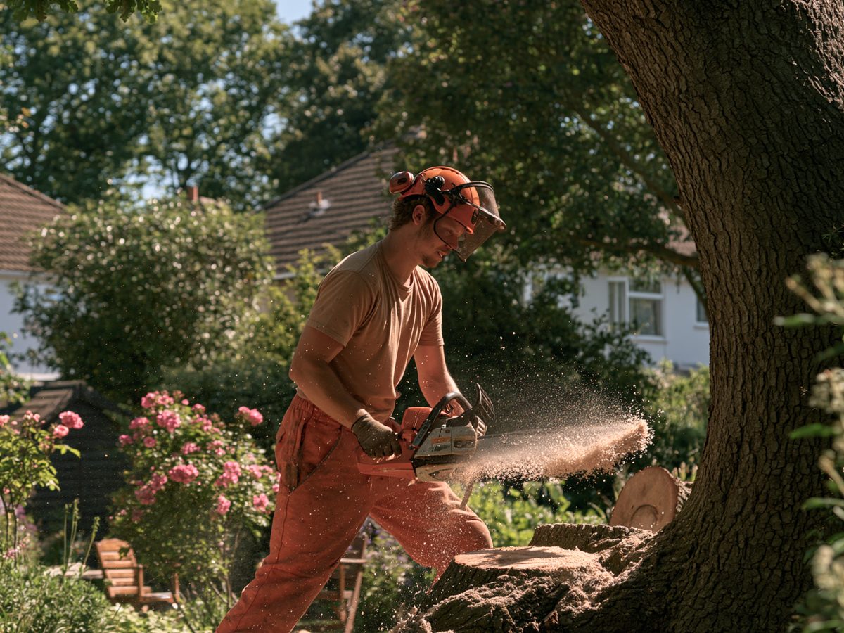 A tree surgeon making the felling cut low on a thick trunk, sawdust in the air.
