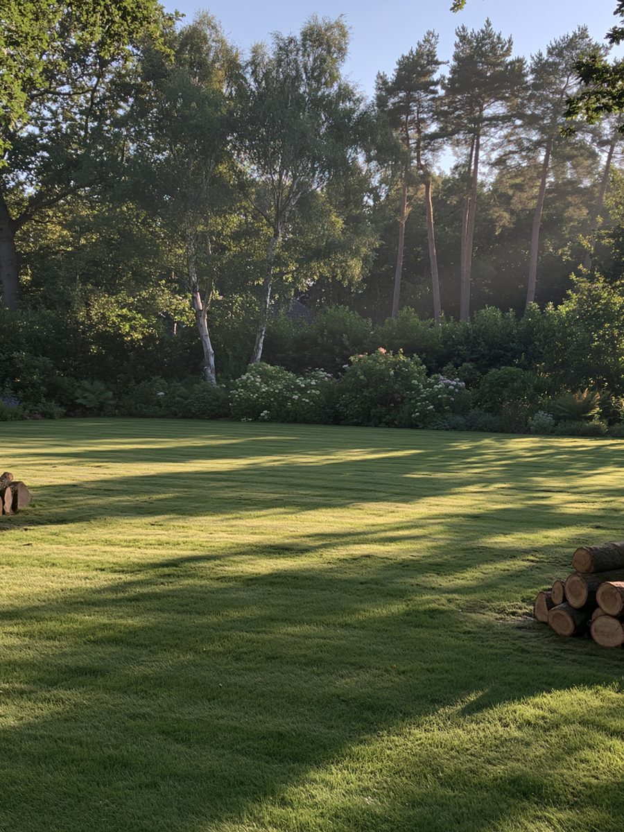 Cut logs stacked at the edge of a wide garden at the end of the day.