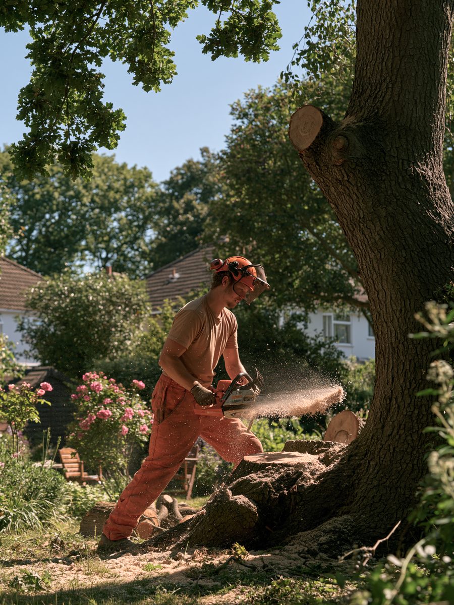 A tree surgeon making the felling cut low on a thick trunk, sawdust in the air.
