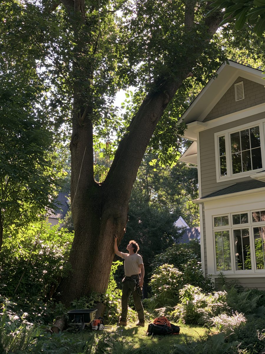 A tree growing tight against the corner of a house, being assessed from the ground.