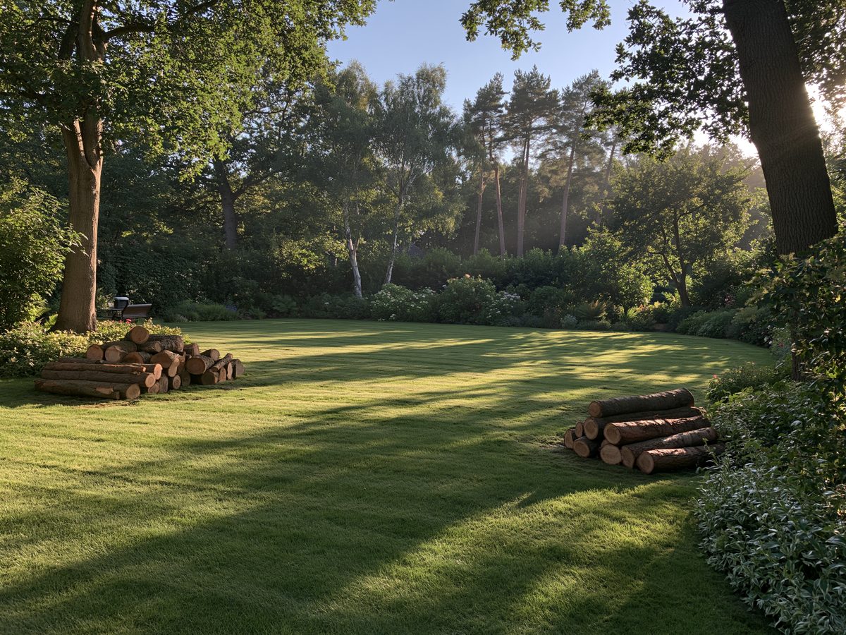 A garden at the end of a day's work, cut logs stacked at the edge and the lawn unmarked.