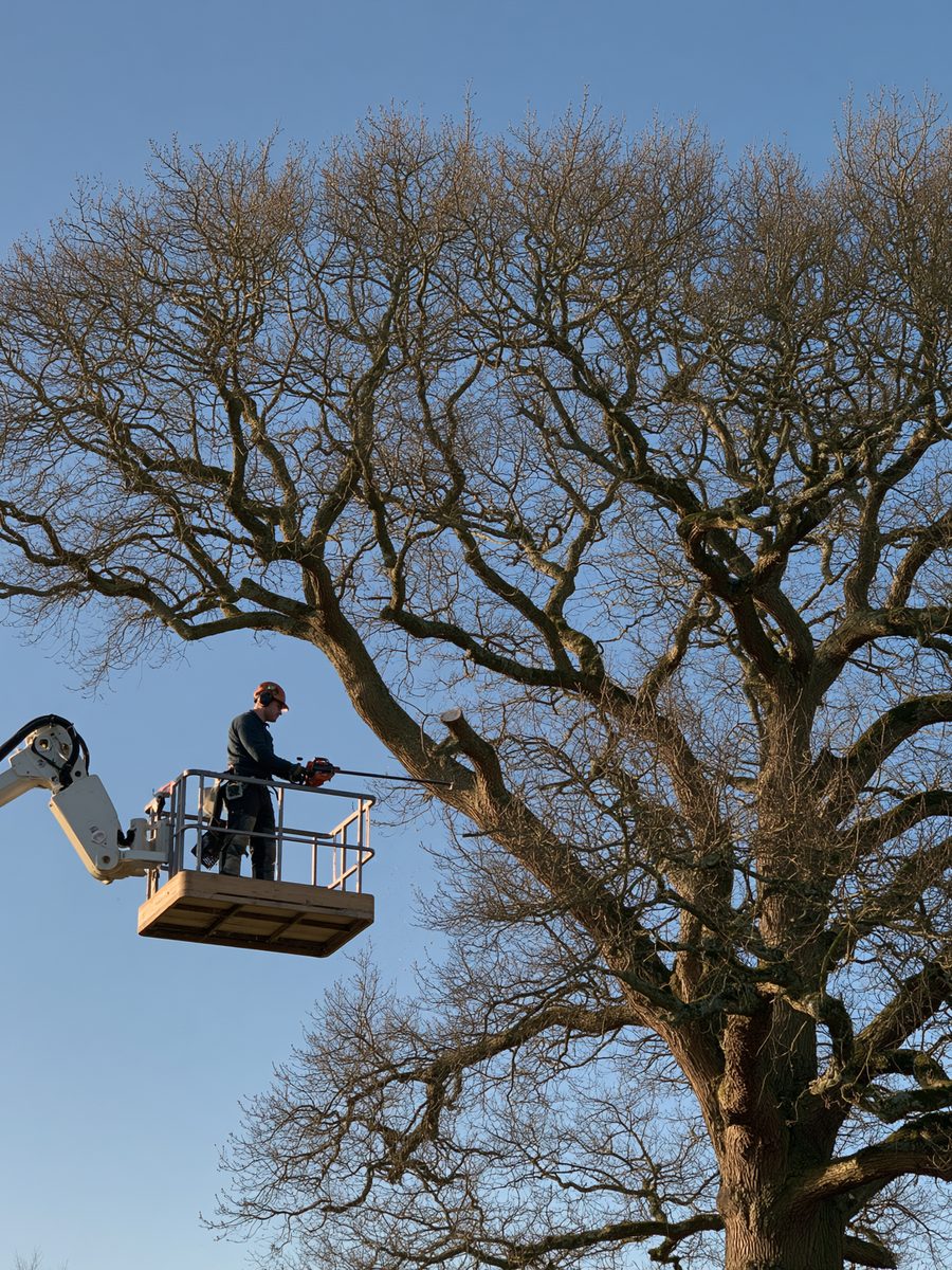 An arborist working the upper crown of a mature tree from a raised platform.