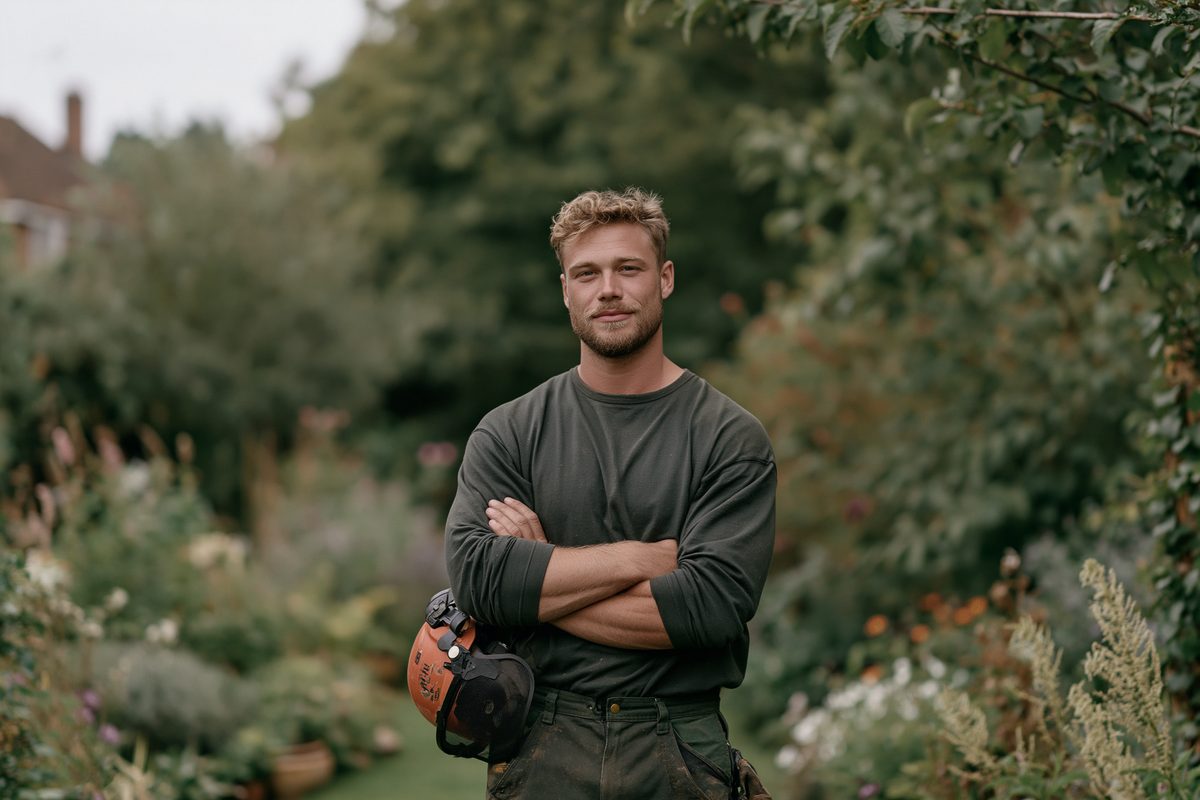 A tree surgeon standing in a garden he has just finished working, helmet under one arm.